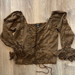 Brown Romantic Blouse with Ruffled Tie Front and Long Bishop Sleeves
